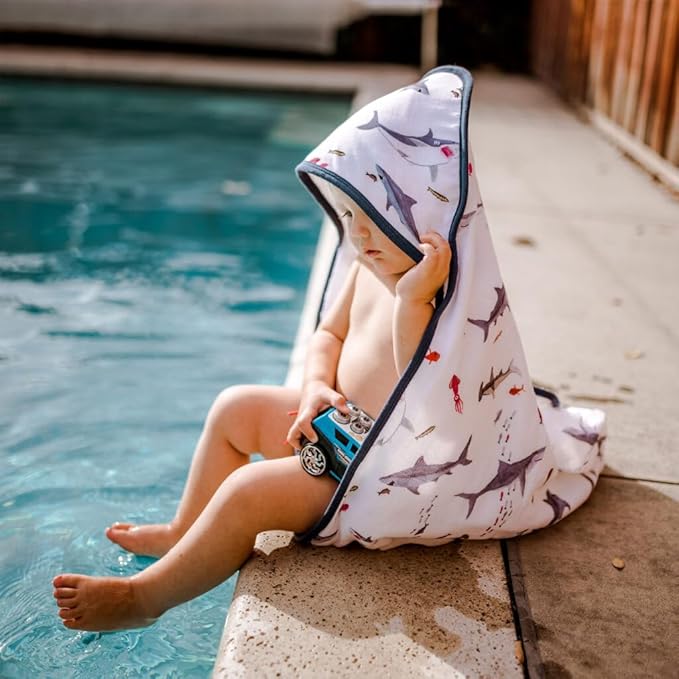 Little Unicorn Hooded Bath Towel | Absorbent Cotton & Terry Blend | Larger Size for Baby & Toddlers, 1-6 Years (Shark)
