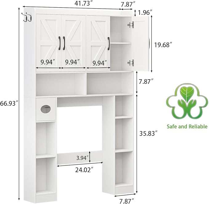 Vabches Over The Toilet Storage Cabinet with 4 Barn Doors, Bathroom Organizer with Toilet Paper Holder & Adjustable Shelves, Space-Saving Farmhouse Toilet Shelf for Bathroom,Restroom,Laundry