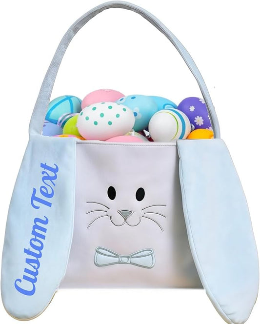 Hwingo Personalized Bunny Treat Basket with Embroidered Name, Custom Easter Baskets Egg Fillers, Personalized Easter Bags Candy Festival Gifts Storage (Blue)