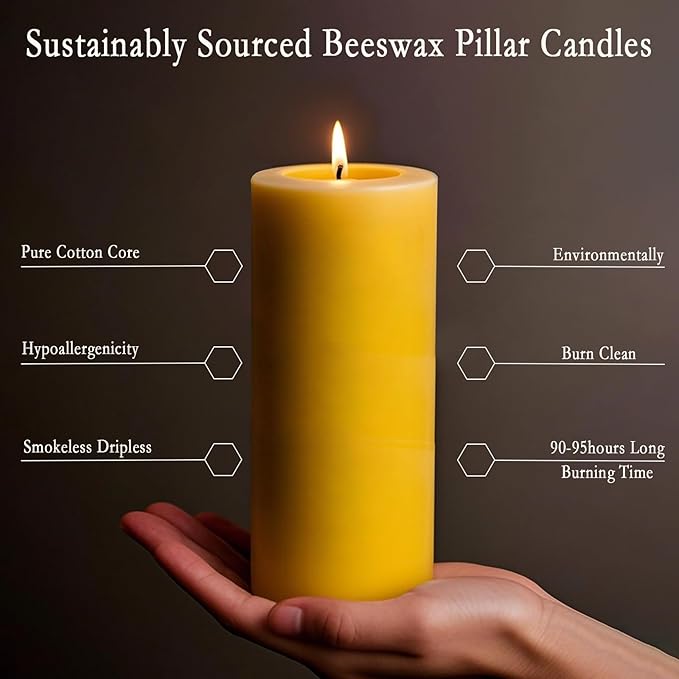 4 Pack Natural Beeswax Candles, 2.8x6inchs 380 Hours Long Burning Emergency Candle 100% Pure Beeswax Pillar Candle, Unscented Organic Bees Wax Candles for Home, Prayer, and Celebrations (2.8x6in)