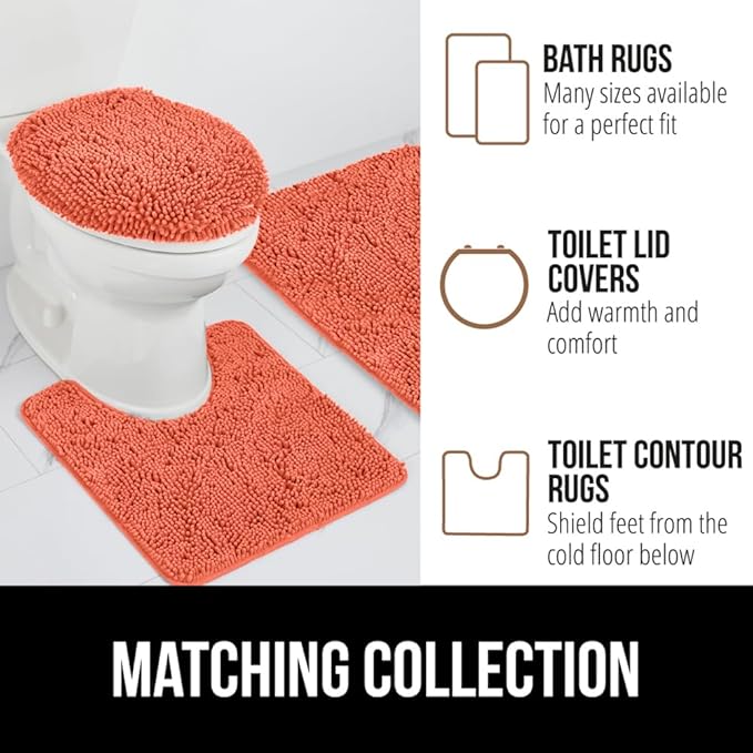 GORILLA GRIP Plush Absorbent Shaggy Chenille Bath Rug Mat for Square Toilet Base with Rubber Backing, Machine Washable Rugs, Soft Microfiber Contour Mats for Toilets, Bathroom Decor, Coral