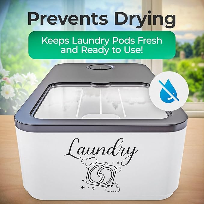 Skywin Laundry Pod Container with Slide Lid, 15 x 8.7 x 4.5 In, Holds 11 Pounds OR 120-150 Pods, Black with Print
