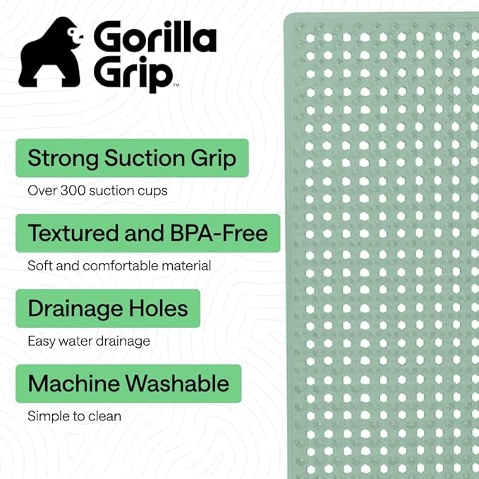 GORILLA GRIP Patented Bath Tub Shower Mat, Machine Washable Bathtub Floor Liner Mats, Suction Cups and Drain Holes to Keep Tubs Clean, Soft on Feet, Bathroom Essentials, 35x16 Inch, Mint Opaque