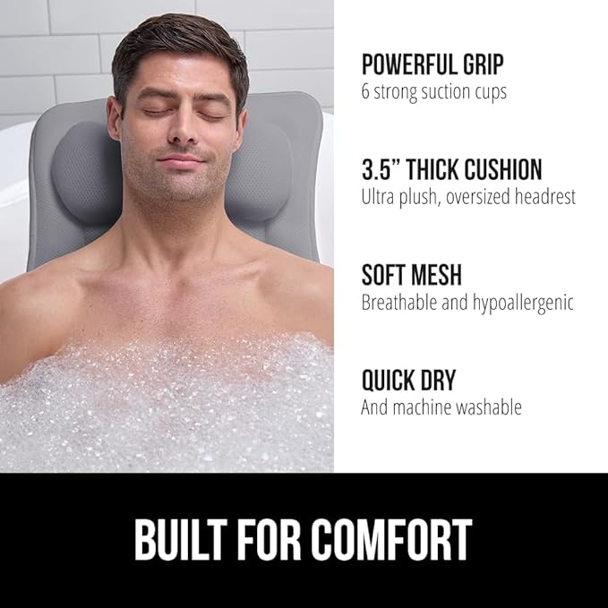 GORILLA GRIP Bath Pillow for Tub, Strong Suction Cups, Headrest with Mesh FlexComfort Technology, Neck, Head and Back Support, Luxury Machine Wash Bathtub Pillows, Spa Essential Accessories, Gray