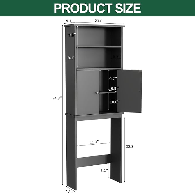 Walsunny Over The Toilet Storage Cabinet, Bathroom Organizer with Open Shelves and Double Doors, Space Saving Toilet Storage