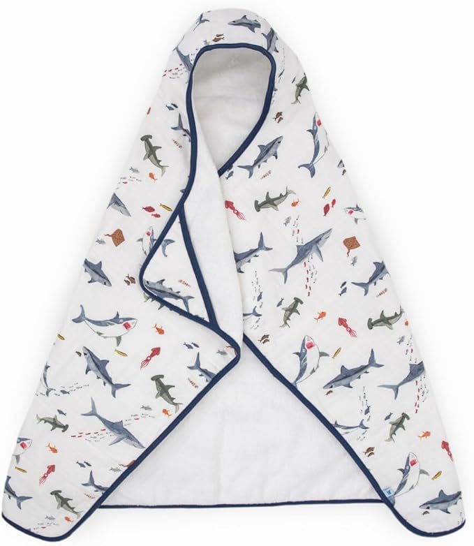 Little Unicorn Hooded Bath Towel | Absorbent Cotton & Terry Blend | Larger Size for Baby & Toddlers, 1-6 Years (Shark)