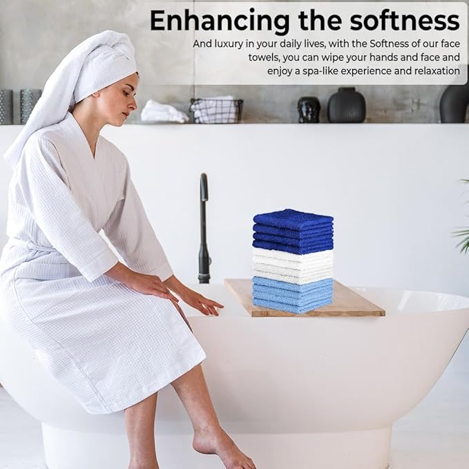 100% Cotton Washcloth Set – Soft, Absorbent Face Towels for Bathroom & Gym Use – Durable & Reusable Wash Cloths - (Blue, White and Navy (12x12), (Pack of 12)