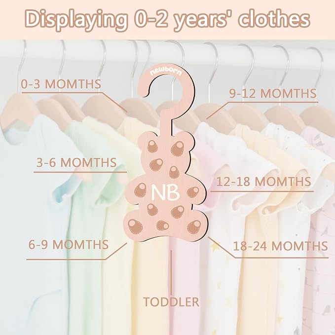 Baby Clothes Dividers for Closet - Set of 8 Wooden Baby Size Closet Dividers Newborn to 24 Months, Newborn Organizer for Boys Girls - Little Bear Shape Baby Nursery Decor Kit Newborns Gift Baby Shower