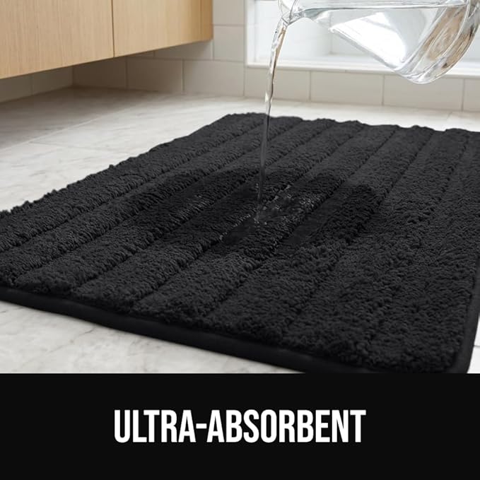 GORILLA GRIP Textured Backing Bathroom Rugs, Soft Memory Foam Absorbent Striped Bath Mats Set of 2, Machine Washable Fade Resistant, Floor Bathmat, Home Decor Shower Essentials, Black 24x16 and 30x18
