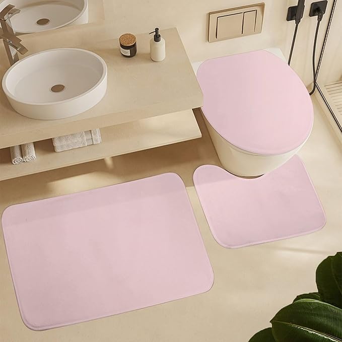 3 Pieces Bath Rug Sets, Blush Pink Bathroom Mat Set Non Slip U Shaped Contour Rug & Toilet Lid Cover