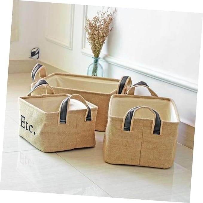 PRETYZOOM Jute Portable Storage Basket with Handles Large Sundries Organizer for Toys Books Household Supplies Versatile Desktop Container for Living Room Bedroom Office Dorm Decor