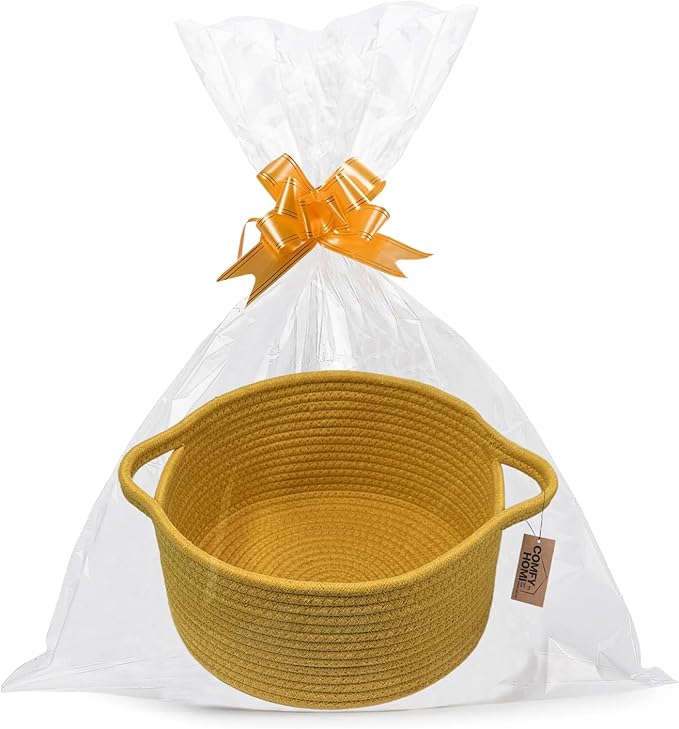 COMFY HOMI Small Woven Gift Baskets with Handles, Gift Bags and Ribbons - Cotton Rope Storage Basket for Organizing, Dog Toy Basket Box, Gift Baskets Empty, Mother’s Day-φ11X5 Inch, Yellow