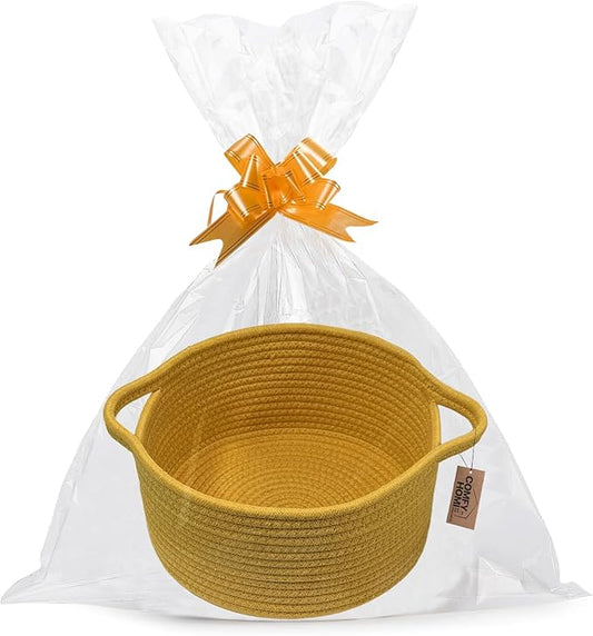 COMFY HOMI Small Woven Gift Baskets with Handles, Gift Bags and Ribbons - Cotton Rope Storage Basket for Organizing, Dog Toy Basket Box, Gift Baskets Empty, Mother’s Day-φ11X5 Inch, Yellow