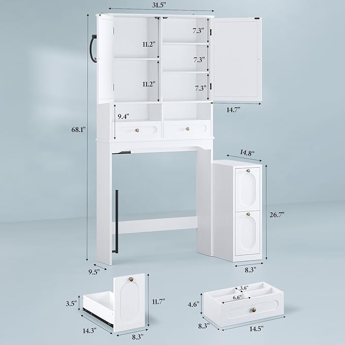 Over The Toilet Storage Cabinet with Free-Standing Cabinet & Towel Holder, Bathroom Storage Cabinet with 4 Section Drawers, Adjustable Shelves & Paper Holder for Bathroom, Laundry Room, White