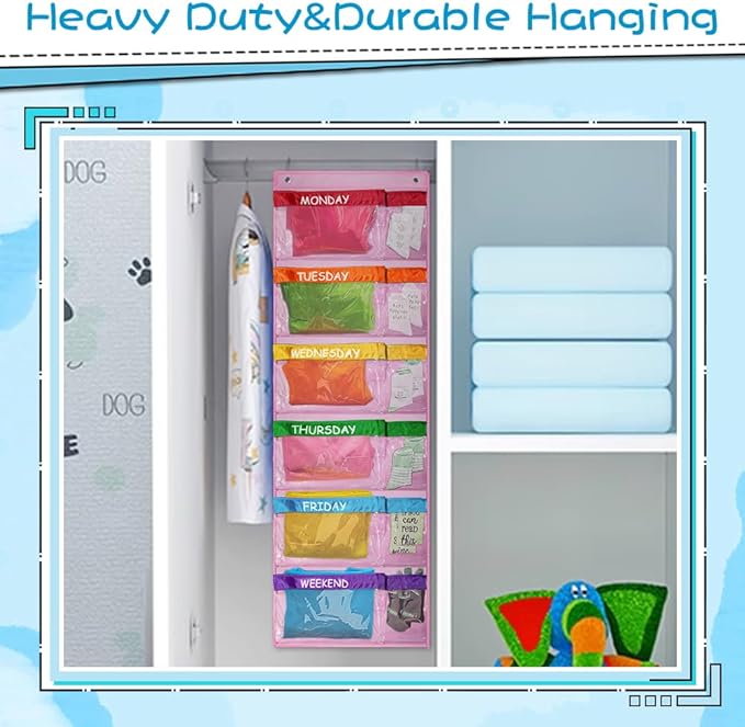 ABCKEY Rainbow Weekly Kids Clothes Organizer for Daily Activity,Portable Kids Clothes Storage White (Pink)