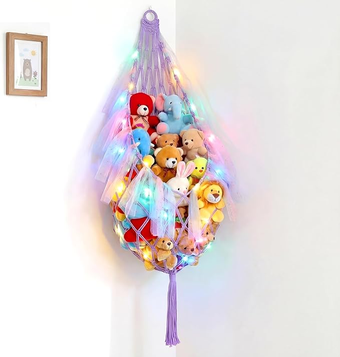Stuffed Animal Storage Organizers Corner Hanging Net with LED Lights 59 Inch Toy Storage Stuffed Animal Hammock Macrame Toy Display Plush Holder Wall for Bedroom Nursery Playroom Organizer