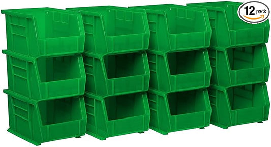 Akro-Mils 30237 AkroBins Plastic Storage Bins, Space-Saving Stackable Bins for Garage, Pantry, Craft Organization, 9" x 6" x 5", Green, 12-Pack