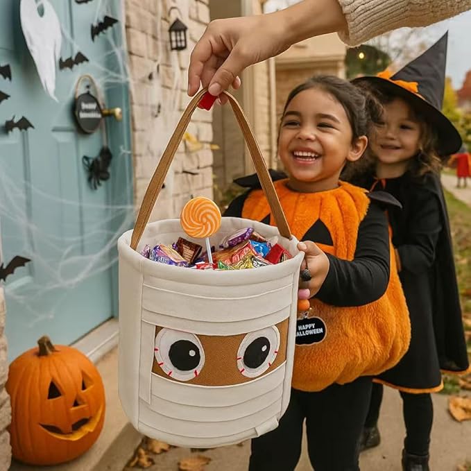 Halloween Trick or Treat Basket - Mummy Canvas Candy Bucket with Handle - Halloween Basket - Fabric Candy Bag for Parties & Treats (Mummy)