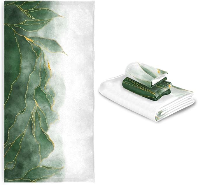 3 Piece Ombre Green Leave Bath Towels Set,Microfiber Absorbent Emerald Green Gold Marble Texture Towels for Bathroom,1 Bath Towel,1 Hand Towel,1 Washcloth,Modern Decorative Bathroom Towels