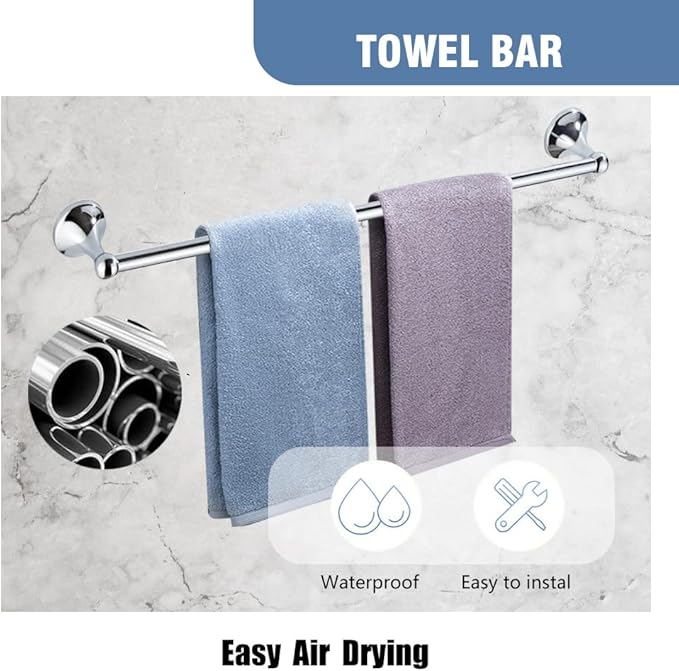 4-Piece Bathroom Hardware Set: Chrome Bathroom Accessory Set, Towel Bar,Towel Ring,Toilet Paper Holder,Robe Hook, Wall Mounted,Optional Installing Longer or Shorter Towel bar