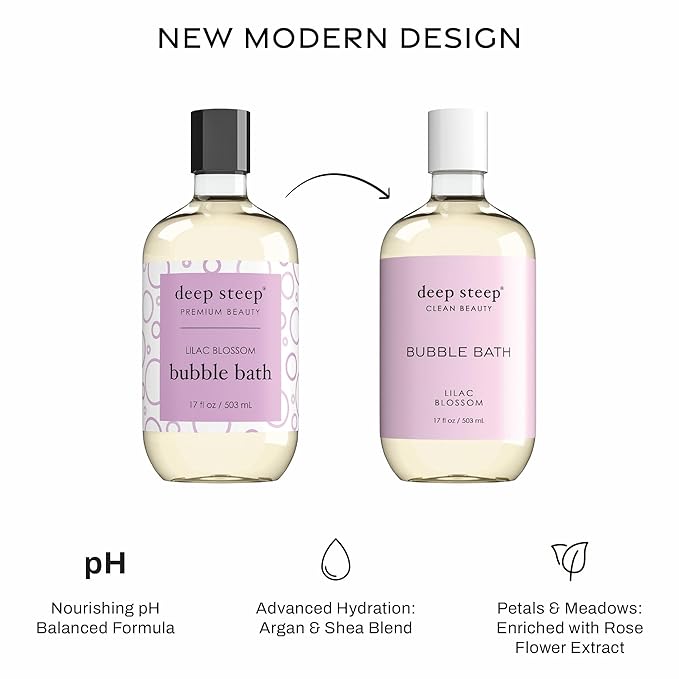 Deep Steep Lilac Blossom Bubble Bath for Women, Hypoallergenic, Clinically Tested, Clean Formula for Sensitive Skin, Sulfate-Free, 17 fl oz Bottle, Essential Bath Accessories