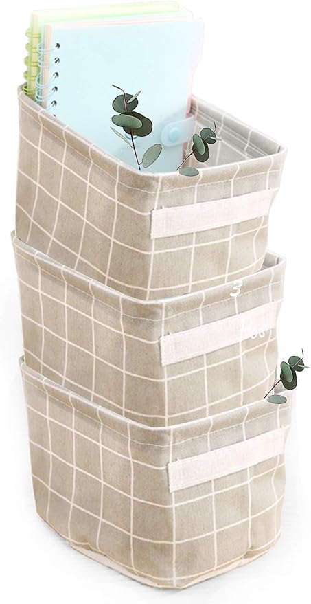 AARAINBOW 3 Packs Storage Basket Bins Canvas Mini Storage Cubes Storage Basket for Makeup, Toys Liners, Books Storage Baskets with Handles for Shelves & Desks(3 Gray)