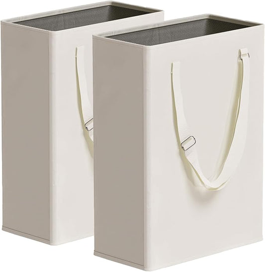 TECHMILLY Slim Laundry Hamper with Adjustable Long Handles, 45L Small Laundry Baskets with Mesh Top, Narrow Dirty Clothes Hamper for Bedroom, Closet, and Bathroom - Beige, 2 Packs