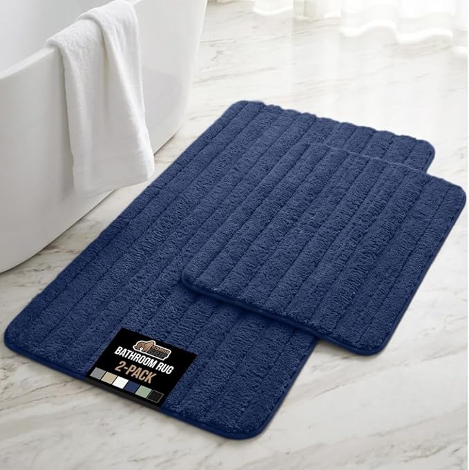 GORILLA GRIP Textured Backing Bathroom Rugs, Soft Memory Foam Absorbent Striped Bath Mats Set of 2, Machine Washable Fade Resistant, Floor Bathmat, Home Decor Shower Essentials, Navy 24x16 and 30x18