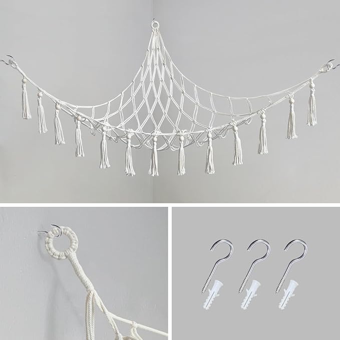 Stuffed Animal Hammock Corner with hooks Soft Fabric Hanging Bed for Plush Toys, Toy Storage Organizer Playroom Decor (Beige with Beads)