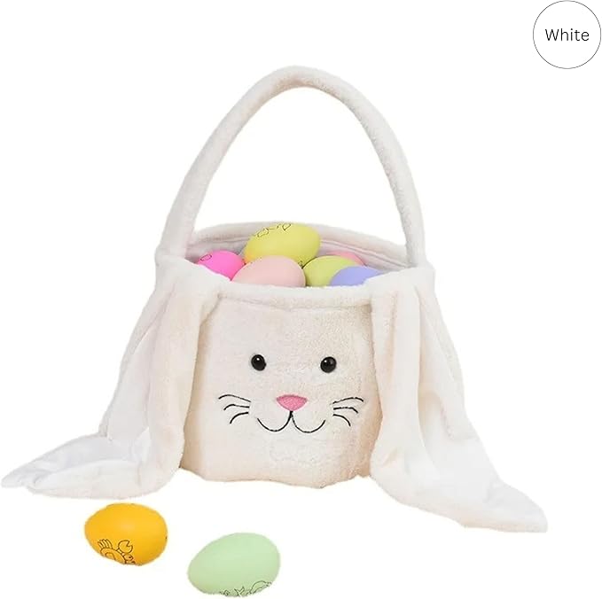 Personalized Easter bunny basket, Plush Embroidered Easter basket, Bunny Basket with Name,Easter egg hunt basket,Custom Easter Bucket (White)