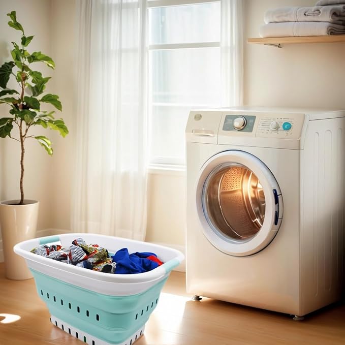 SAMMART 37L (9.77 gallon) Collapsible Plastic Laundry Basket - Foldable Pop Up Storage Container/Organizer - Space Saving Hamper/Basket (1, White/Lake Green)