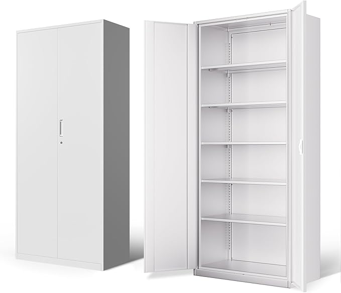 DNA Motoring 71'' Metal Storage Cabinet, Locking Tool Cabinet with 5 Adjustable Shelves, Heavy Duty Metal Locker for Garage,Office,Home,Gym,White, TOOLS-00632-WH-WH-A
