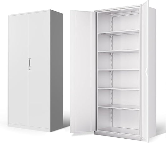 DNA Motoring 71'' Metal Storage Cabinet, Locking Tool Cabinet with 5 Adjustable Shelves, Heavy Duty Metal Locker for Garage,Office,Home,Gym,White, TOOLS-00632-WH-WH-A