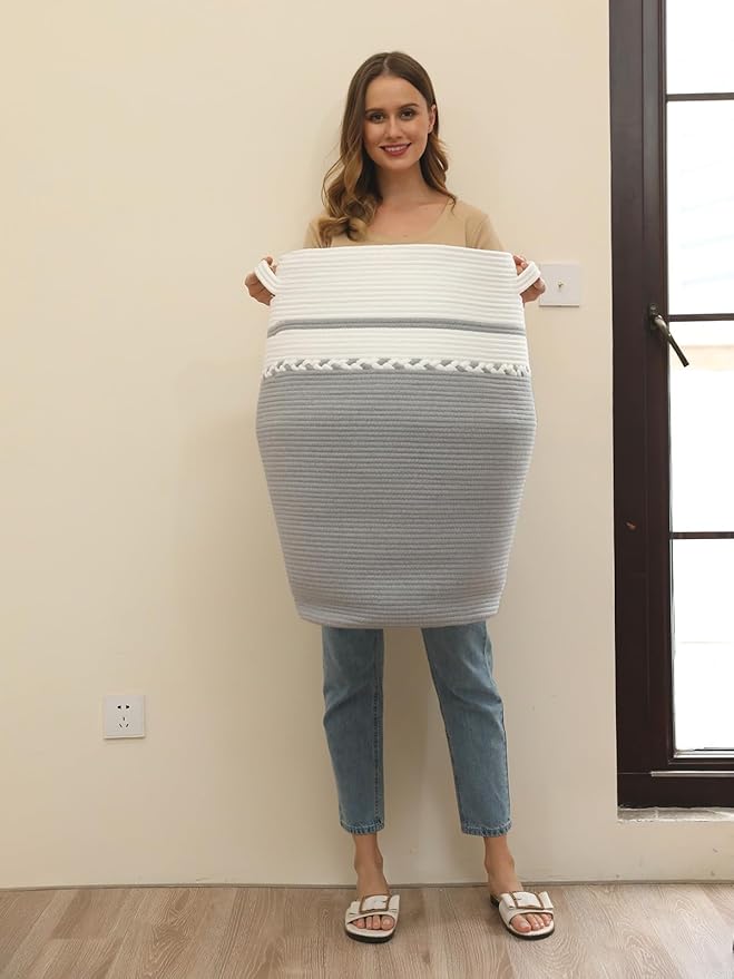 26" x 20" Handcrafted Tall Cotton Rope Basket with Lid, Stylish Flagon Shape with Cover, Clothes Hamper with Top, for Bedroom and Living Room, White/Grey