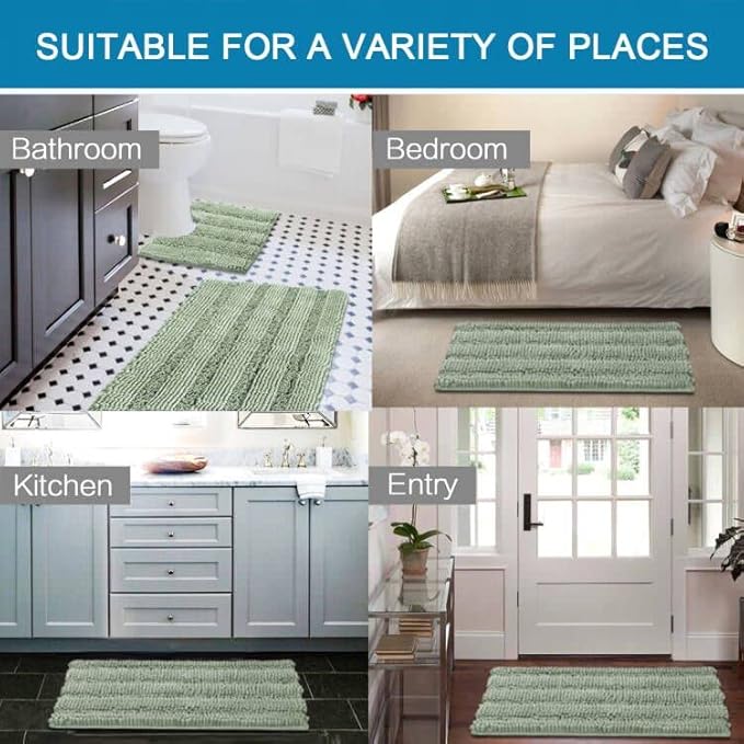 H.VERSAILTEX Bathroom Rugs Bath Rug Set 2 Piece Bathroom Contour Rug Toilet Mat Sets Non Slip Contour Bath Rug Ultra Thick Water Absorbent Striped Bath Mats Washable(20" x 32" Plus 20" x 20" U, Sage)
