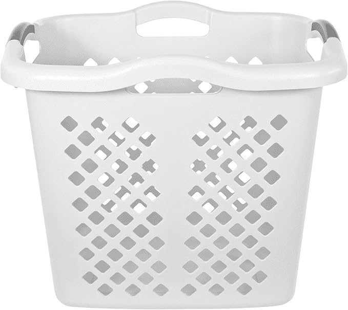 2 Bushel Plastic Laundry Basket with Silver Handles, White - Large Capacity Hamper for Adults and Teens, Sturdy Foldable Storage Bin for Bedroom, Bathroom, Dorm, and Closet