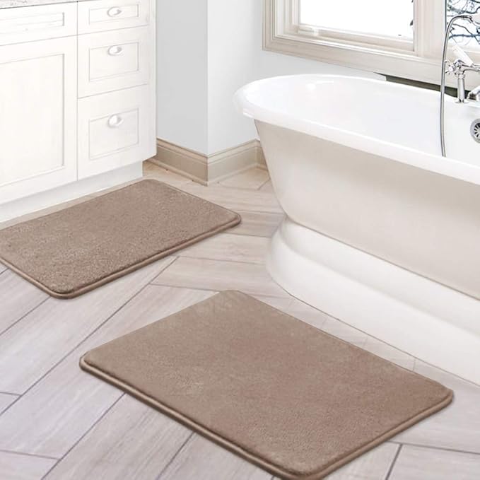 H.VERSAILTEX Bath Mat Memory Foam Set Bathroom Rug Set Flannel Velvety Bath Mat Luxury Extra Soft and Absorbent Non Slip Rugs for Bathroom/Bedroom Washable(2 Pack- 20"x 32"/ 17"x 24", Taupe)