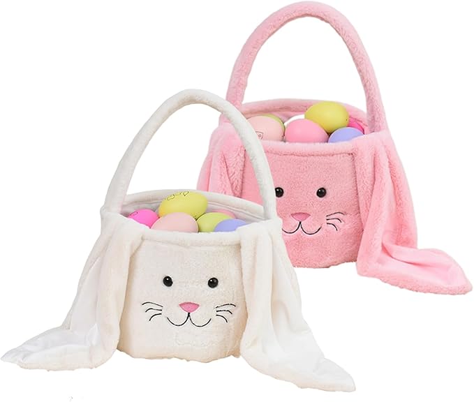 Plush Easter Bunny Basket Bags for Kids, Rabbit Bucket Tote with Long Fluffy Ears, Cute Egg Hunts Party Storage Candy Gifts Carry Bucket Decorations (White + Pink)