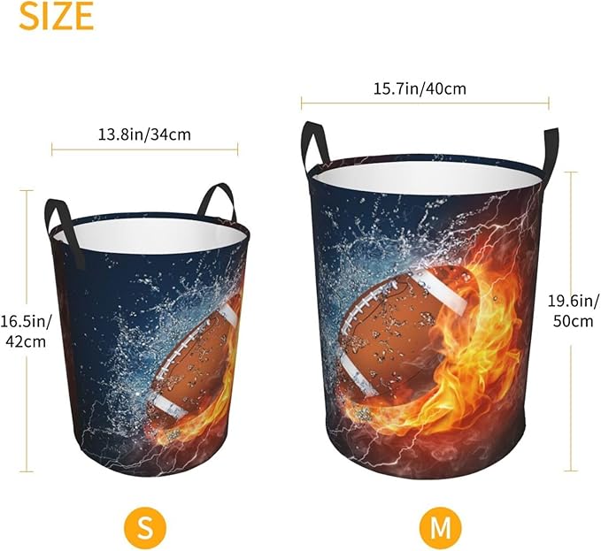 American Football Ball In Fire And Water Round Laundry Hamper Sport Rugby Storage Basket Toys Clothes Organizer Bin For Home Bathroom Bedroom Dorm Nursery, 62l