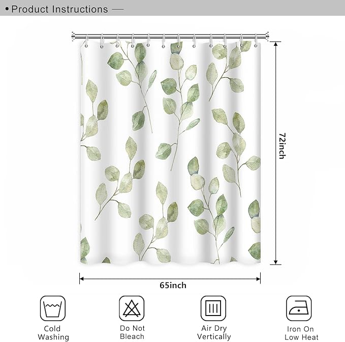 Green Eucalyptus Leaves Bathroom Shower Curtain Nature Plants Watercolor Leaf Shower with Hooks Polyester Waterproof Fabric Aesthetics Home Decor, 65x70 Inch