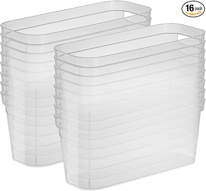 Sterilite 6.25x6.25x15 Inch Narrow Modern Storage Bin w/Comfortable Carry Through Handles and Banded Rim for Household Organization, Clear (16 Pack)