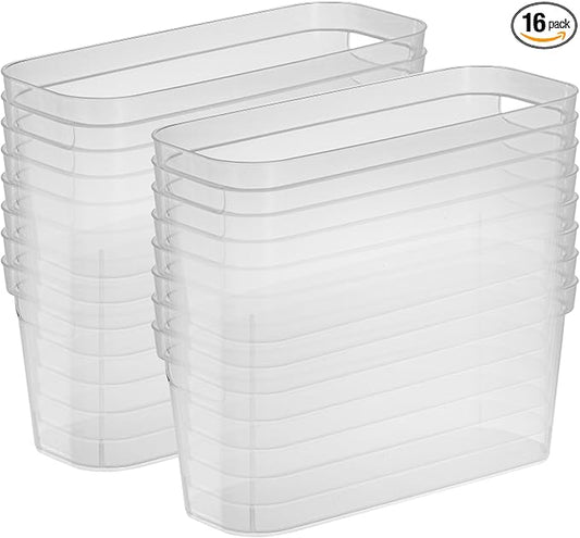 Sterilite 6.25x6.25x15 Inch Narrow Modern Storage Bin w/Comfortable Carry Through Handles and Banded Rim for Household Organization, Clear (16 Pack)