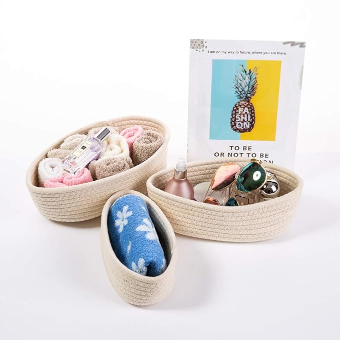 Cotton Rope Handmade Woven Home Storage Household Candy Toys Storage Basket Sundries Collection Box Candy Snack Food Tray SML Pack of 3 (Oval, Beige)