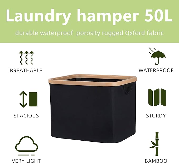 50L Foldable Laundry Basket,Versatile Storage Basket with Bamboo Borders for Bedroom,Office,Dorm.Great for Use as a Hamper with Lid, Towel Hamper for Wet Towels,White,Uncapped