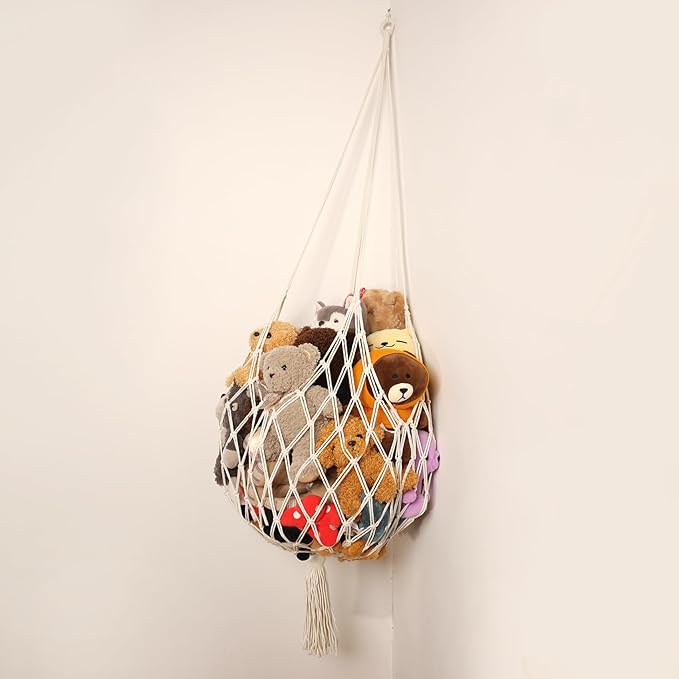Stuffed Animal Storage Hammock Corner Hanging Net Stuffy Animal Hammock Macrame Toy Display Plush Toy Holder for Kid Bedroom Decor Boho Nursery Playroom Organizer (Cream)