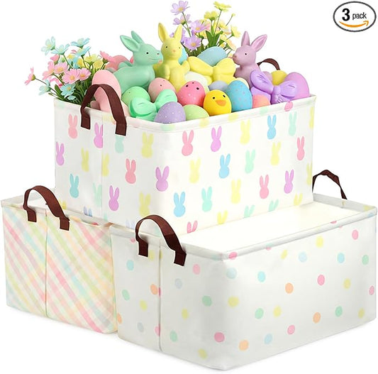 3 Pack Easter Storage Baskets Waterproof Canvas with Leather Handles Bunny Basket Box Collapsible Storage Bins Box for Closet Toys Clothes Room Decor Gift Basket
