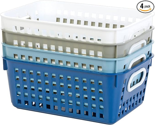 Really Good Stuff Medium Plastic Book Baskets, 11" x 7.5" x 4.5", 4 Pack, Cool & Calm Group Colors, Versatile Storage Solution for Classroom, Home, and Office, Toy Storage, Multi-Purpose