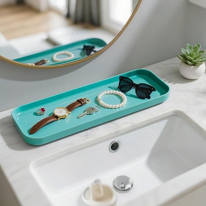 9 Pieces Teal Bathroom Accessories Set Gorgeous Gold Bathroom Set, Trash Can, Toilet Brush, Soap Dispenser, Toothbrush Holder, Soap Dish, Tumber, Qtip Holder, Tray, Sink Countertop Set