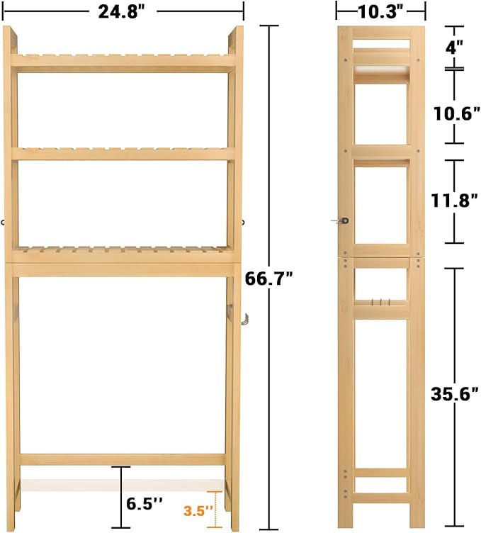 Homykic Over The Toilet Storage, 3-Tier Bamboo Bathroom Shelf with 3 Hooks, Above Toilet Organizer Rack Freestanding for Small Space, Restroom, Laundry, Easy Assembly, Natural