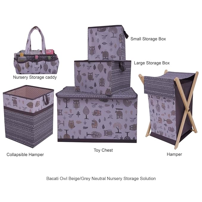 Bacati - Large Storage Tote Owls in the Woods Beige/Grey Neutral 14 X 14 X 10 inches